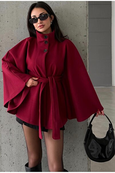 candybia Γυναικείο παλτό Poncho με λεπτομέρεια ζώνης, εισαγόμενο με κουμπιά καστανιάς, μοντέλο ψηλός λαιμός