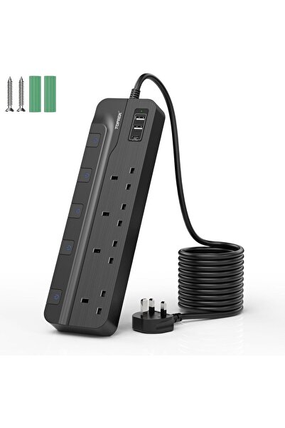 TOPREK كابل تمديد بأربعة منافذ مع منفذي USB-A ومنفذ USB-C، بطول 5 أمتار، ومفا...