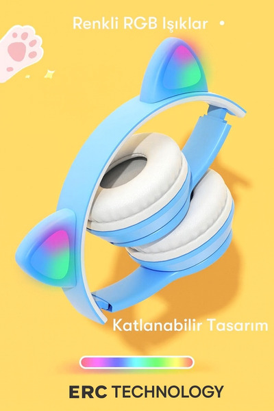 ERCTECH Işıklı Bluetooth Kablosuz Kedi Kulaklıklı Çocuk Kafa Üstü Kulaklık – ...