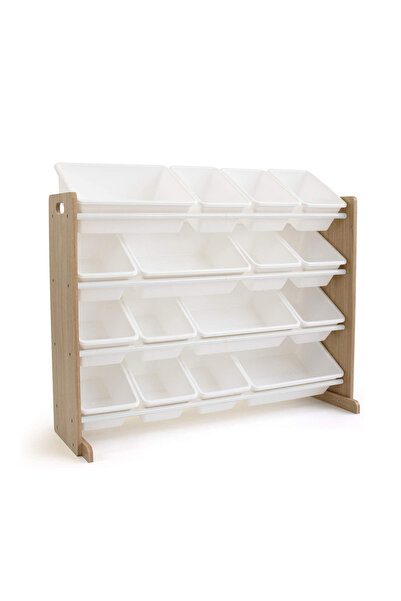GINGER HOME White Wood Wooden Organizer for Toys and Books, with 16 Mesh Storage Boxes