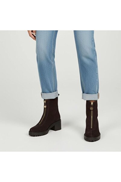 NE&VE SHOES Kahve Süet Hakiki Deri Önden Metal Fermuarlı Kadın Kalın Topuklu Bot