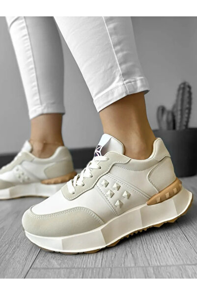 Casual Women's sneakers made of eco-leather, casual, A01, Beige