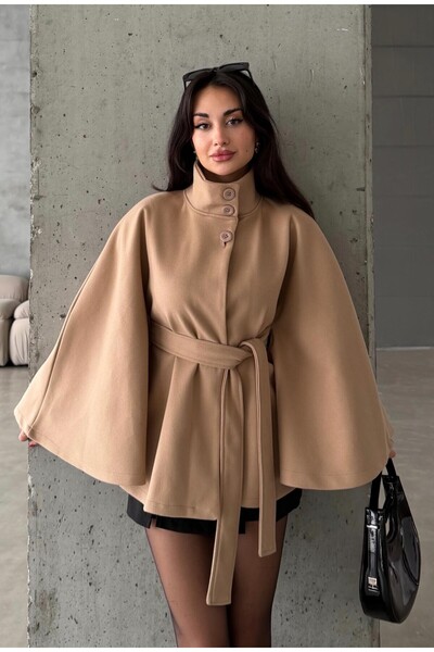 candybia Γυναικείο παλτό Poncho με λεπτομέρεια ζώνης, εισαγόμενο με κουμπιά καστανιάς, μοντέλο ψηλός λαιμός