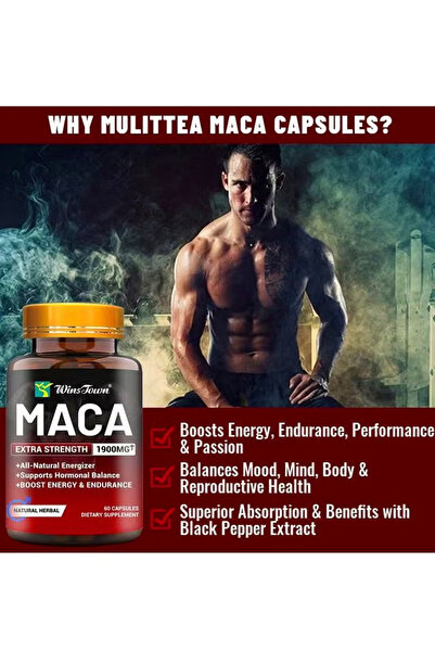 Wins Town Organic Maca Root Powder Capsules with Ashwagandha Ginseng Tribulus Maca Root Extract 60 Capsules