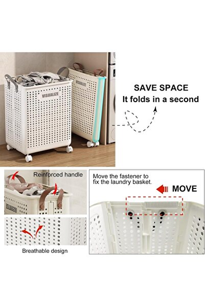 Generic Large Collapsible Laundry Basket with Wheels & Handle (White)
