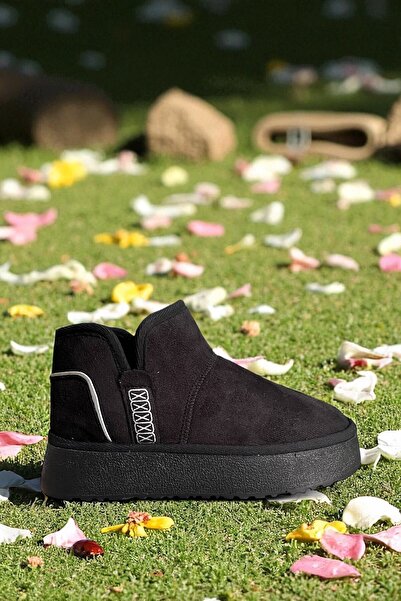 Altın Adım Kadın Anatomik Rahat Mini Süet Içi Kürklü Kalın Taban Kışlık Kadın Yarım Kuru Gün Bot -Siyah