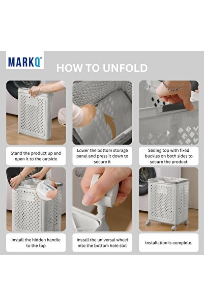 MARKQ Foldable Laundry Basket with 360° Rotatable Wheels, Collapsible Plastic Hamper, White