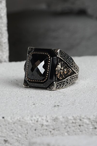 FRNCH 925 Ayar Gümüş Zirkon Taşlı Siyah-Altın Renkli Erkek Yüzük FRJ60093-193...