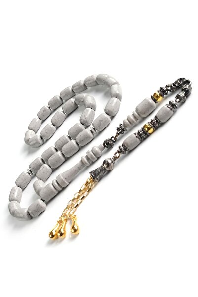 TESBİHCİBABA Marble Pattern Soft Gray Yellow Crimped Amber Prayer Beads