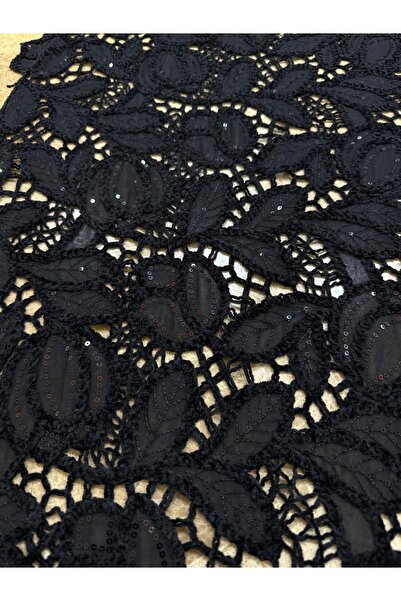 METERİAL Black Leaf Patterned Sequin Lace Fabric 135 cm – Handcrafted Look, Stylish Evening Dress Fabric