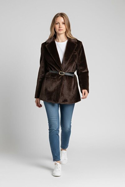 DİREN TEKSTİL سترة ACI بنية اللون مبطنة بالفرو مع حزام