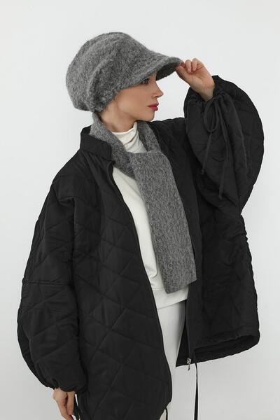 Aisha's Design Winter Furry Cashmere Visor Hat and Scarf Set, Bat-2Tk, Gray