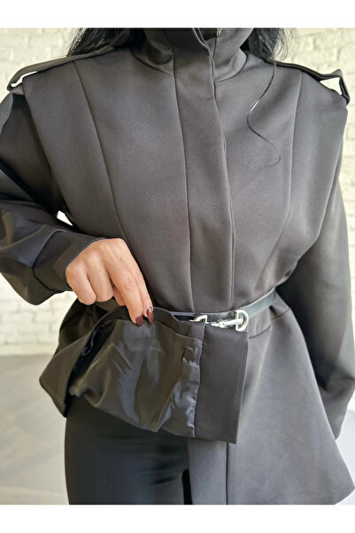 moneta boutique Women's Mock Neck Shoulder Pad Pack Black Belted Jacket