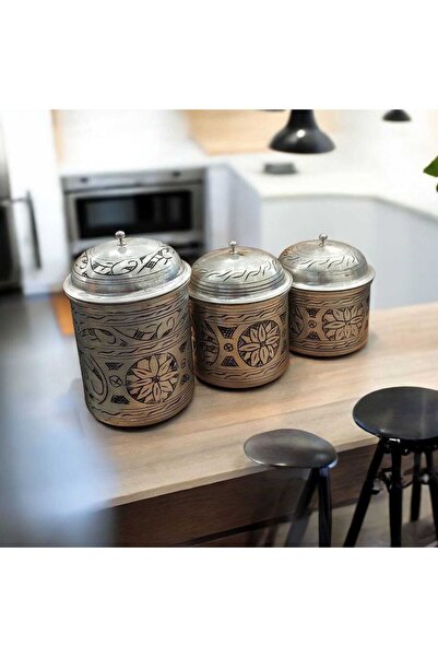 Bakır Center Copper Spice Jar 3-Piece Spice Jar Set Pewter Copper Carved Spice Jar Copper Storage Container