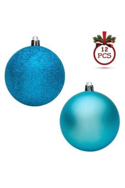 Silver Star Turquoise Matte Glitter Christmas Bauble Set Ø8 cm - 12 pcs