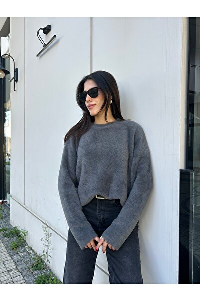 Puella Kzk0012 Women's Anthracite Beard Yarn Crew Neck O Oversized Knitwear Sweater