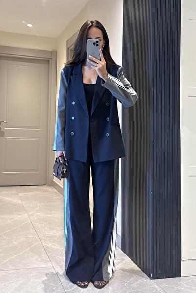 Nazliye Lacivert Şerit Detay Tasarım Blazer Ceket