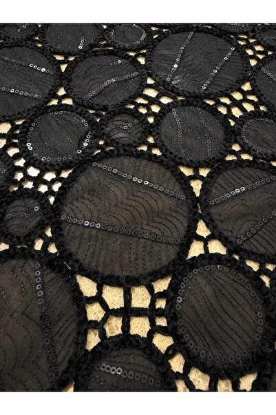 METERİAL Black Circle Patterned Sequin Lace Fabric 135 cm – Handcrafted Look, Stylish Evening Dress Fabric