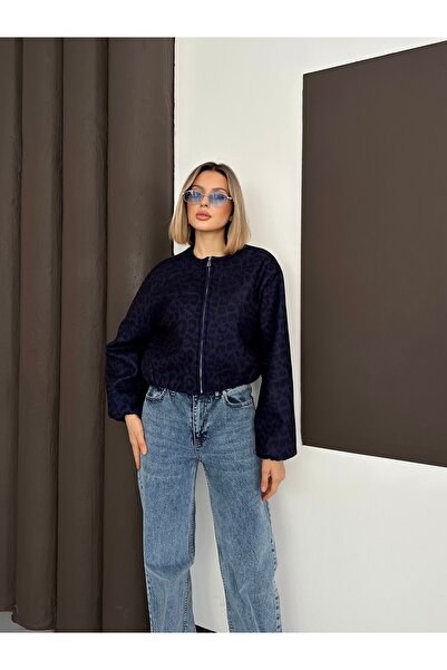 MODAMERSİ Жіноча синя куртка-бомбер з леопардовим принтом