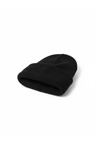 Net Tekstil Black Winter Knitwear Beanie Unisex Folded Cotton Hat