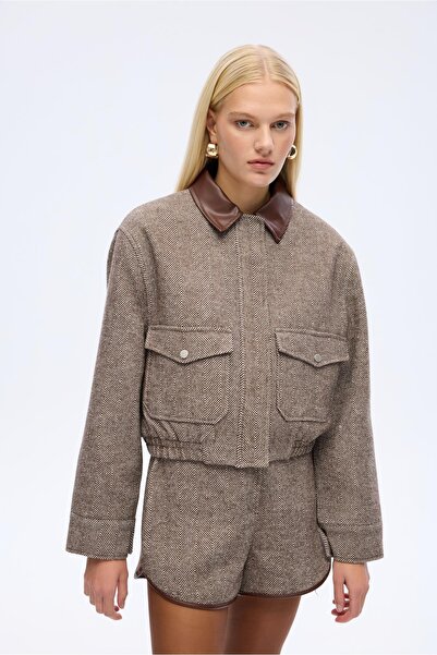 Quzu Balıksırtı Kaşe Matchli Ceket CKT01018 Kahve