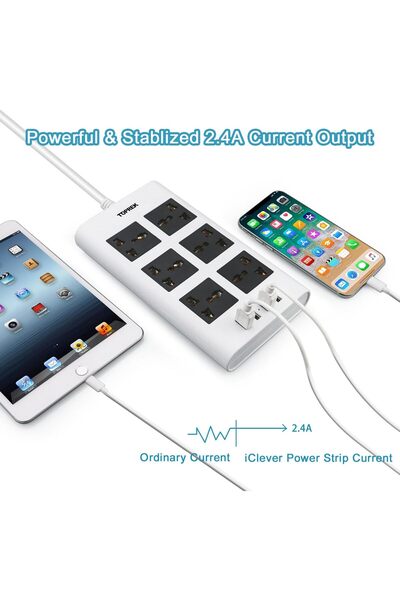 TOPREK Power Strip with USB Slots - 6 Outlets & 4 USB Ports, 2M Cord, 3250W/13A, White