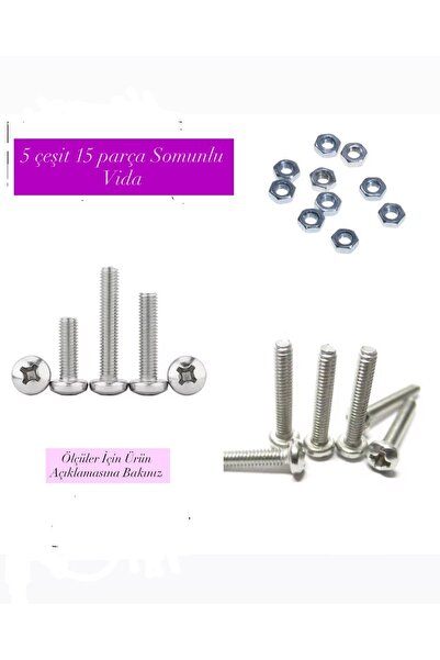 Becenhouse 5 Çeşit 15 Parça Somunlu Vida Somun İle Birlikte Civata M3 Metrik