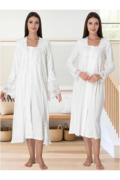 Lohusa Homewear Women's Ecru Special Design Maternity Maternity Nightgown-Morgeness Set of 2