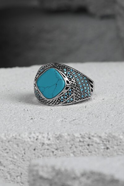 FRNCH 925 Ayar Gümüş Zirkon Taşlı Turkuaz Renkli Erkek Yüzük FRJ60093-193-M