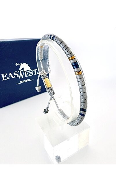 EAST&WEST 925 Ayar Gümüş Snake SerisiMat Gri Hematit Taşı Bileklik-Fenerbahçe Sarı Lacivert