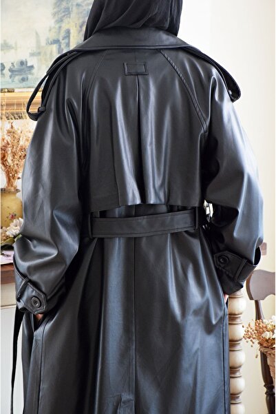 EMİNOS BUTİK Deri Trench Coat Siyah
