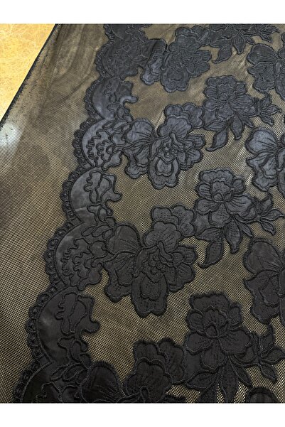 METERİAL Black Floral Patterned Embossed Lace Fabric 135 cm – Stylish Evening Dress Fabric with Mesh Base