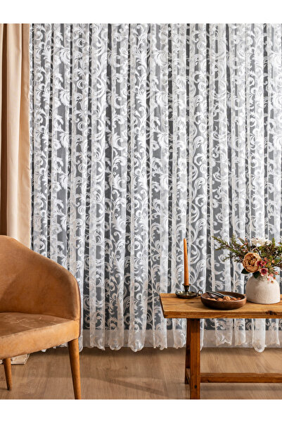 LUNETT HOME Ready to Use Vine Pattern Cream Color Sparse (1X2) Pleated Sewing Tulle Curtain