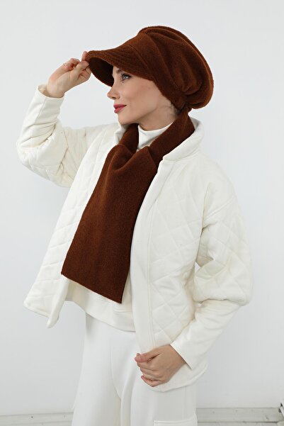 Aisha's Design Winter Plain Cashmere Visor Hat and Scarf Set, Bat-2Dk, Brown