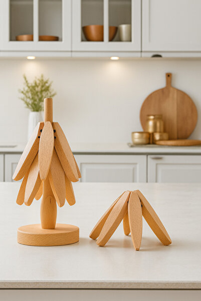 Emofom Bamboo Trivet Set with Stand, 3 Heat-Resistant Coasters and Folding Trivet for under Pots and Pans