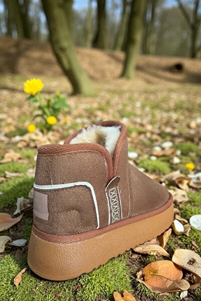 Altın Adım Kadın Anatomik Rahat Mini Süet Içi Kürklü Kalın Taban Kışlık Kadın Yarım Kuru Gün Ayakkabı -Taba