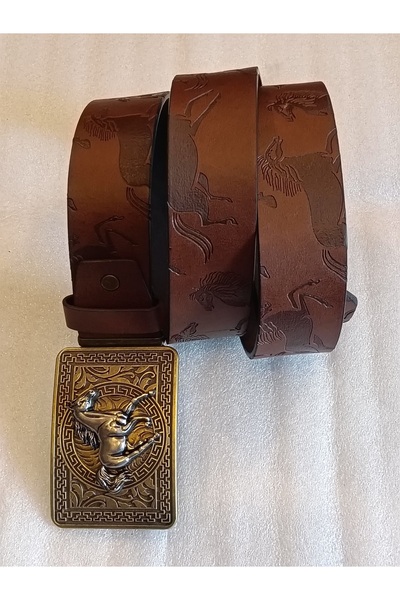 Butik Tülin حزام للجنسين من الجلد الصناعي الأصلي باللون البني مطبوع بنقشة برو...