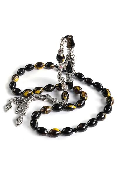 TESBİHCİBABA Mosaic Claw Tassel Yellow Black Crimped Amber Prayer Beads
