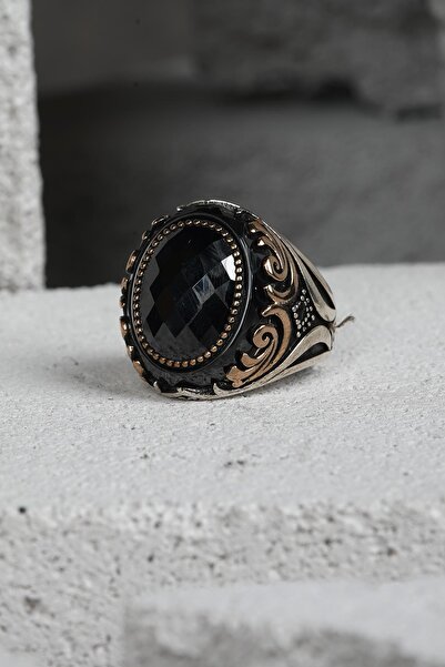 FRNCH 925 Ayar Gümüş Zirkon Taşlı Siyah-Altın Renkli Erkek Yüzük FRJ60093-193...