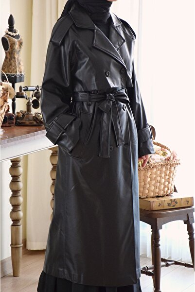 EMİNOS BUTİK Deri Trench Coat Siyah