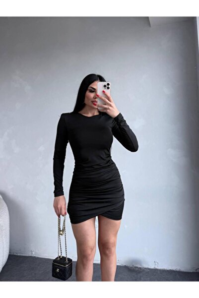 sajarsln Micro Fiber Fabric Shoulder Shoulder Pad Piece Long Sleeves Mini Dress