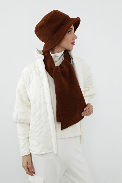 Aisha's Design Winter Plain Cashmere Bucket Hat and Scarf Set,Bat-1Dk,Brown