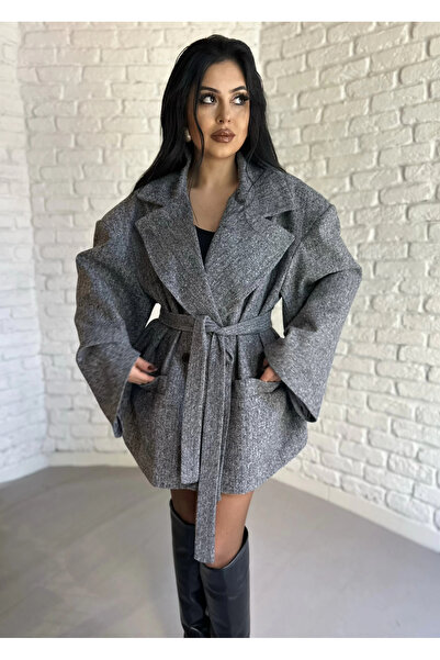 moneta boutique Women's Shoulder Pad Pack Herringbone Pattern Lined Coat