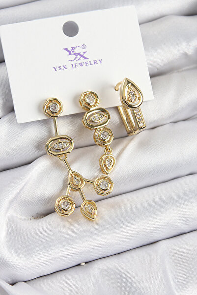 Acousticworld Brass Zircon Stone Geometric Model Gold Color 3-Piece Women's Earrings