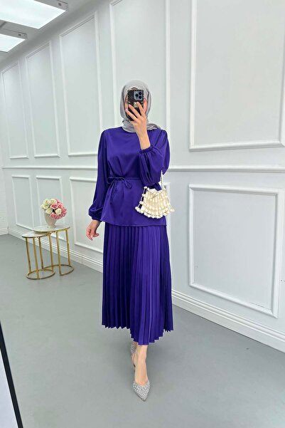 Pardesü Dünyası Boynu Taşlı Piliseli Etek Takım Mor