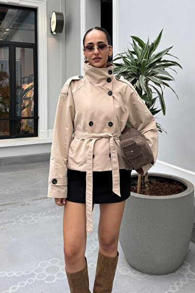 Nazliye Taş Renk Dik Yaka Midi Trençkot