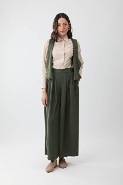 ZÜLAYS Pileli Bol Paça Pantolon Haki