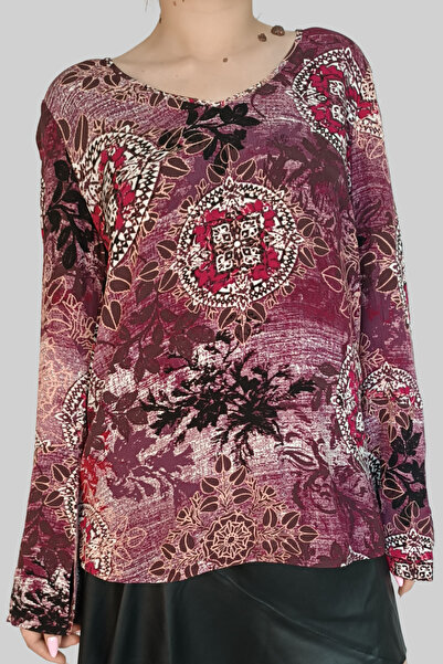 OBRO Comma Women’s Printed Blouse – Flared Sleeves, Multicolor Aztec Asian Pattern, 100% Viscose