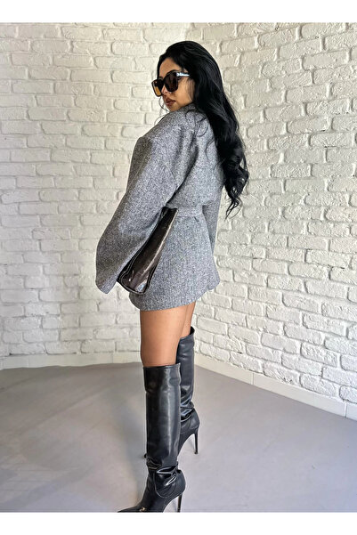 moneta boutique Women's Shoulder Pad Pack Herringbone Pattern Lined Coat