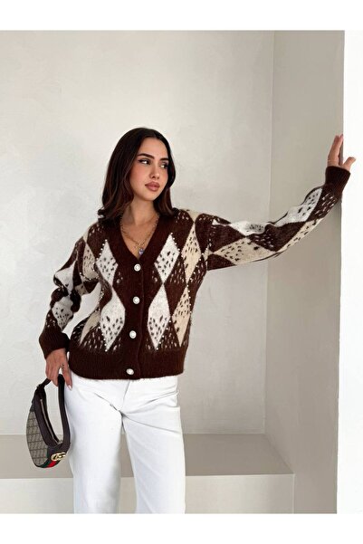 İLKCET MODA Baklava Patterned Beaded Knitwear Cardigan
